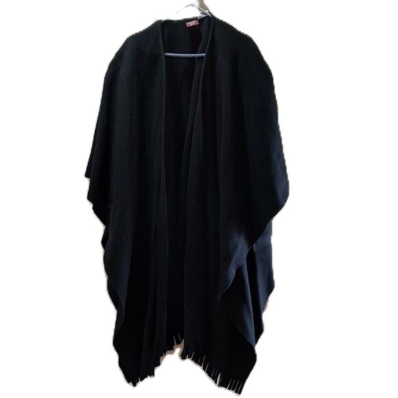 Vintage Northern Style Black Wool Fringe Open Cape Shawl Poncho Wrap - Picture 1 of 7